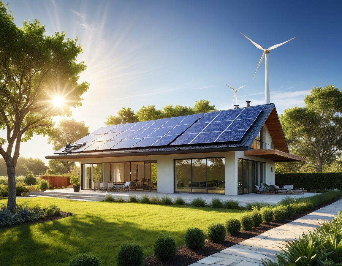 A serene landscape featuring a modern home with solar panels on the roof, surrounded by lush greenery and wind turbines in the distance. Illustrate a diverse group of people engaging in energy-saving activities like using energy-efficient appliances and planting trees. Include a bright sun shining down, symbolizing renewable energy. Enhance with soft, natural colors to evoke a sense of tranquility and sustainability. super-realistic. vibrant colors.