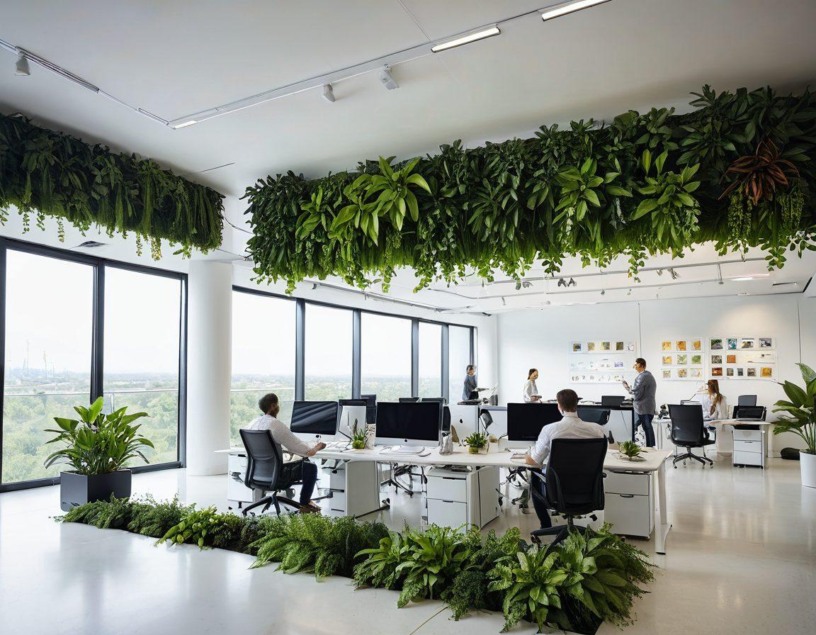 A dynamic scene showcasing a modern office environment powered by renewable energy sources like solar panels and wind turbines. Include diverse professionals collaborating around a digital energy management dashboard, surrounded by greenery and eco-friendly technology. Bright sunlight filters through large windows, creating an optimistic atmosphere. super-realistic. vibrant colors. white background.