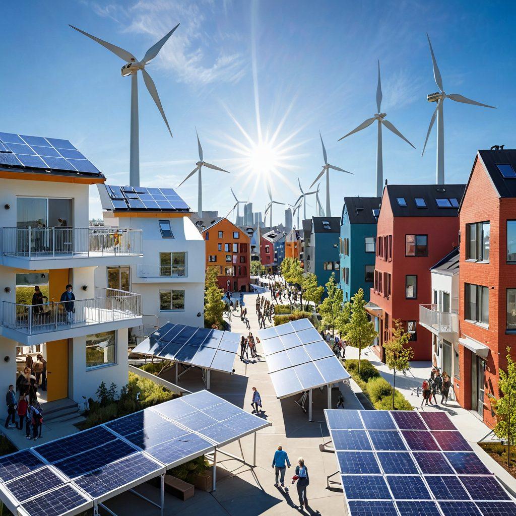 A futuristic cityscape with solar panels on rooftops, wind turbines spinning gracefully, and electric cars on clean streets. In the foreground, a diverse group of people of various ages, from children to seniors, are engaging with interactive energy displays and sharing ideas. The sky is clear with bright sun rays casting warm light on the scene, symbolizing hope for a sustainable future. Super-realistic. Vibrant colors. White background.